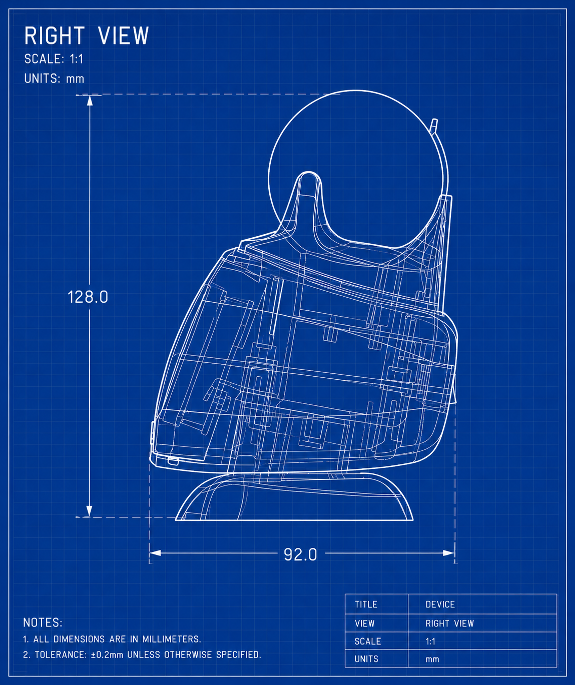 Engineering blueprint, right-side view of the Powder Oracle — 128 mm tall, 92 mm wide, all dimensions in millimetres